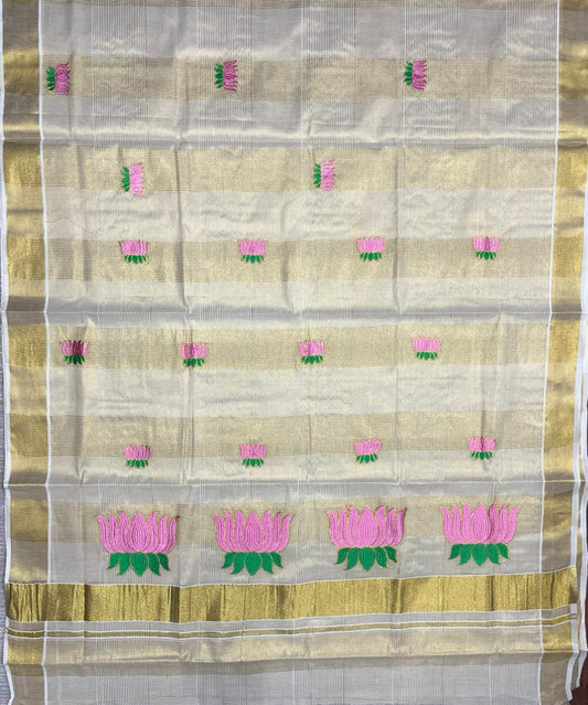 Southloom Lotus Baby Pink and Green Embroidery Check Tissue Saree SL337