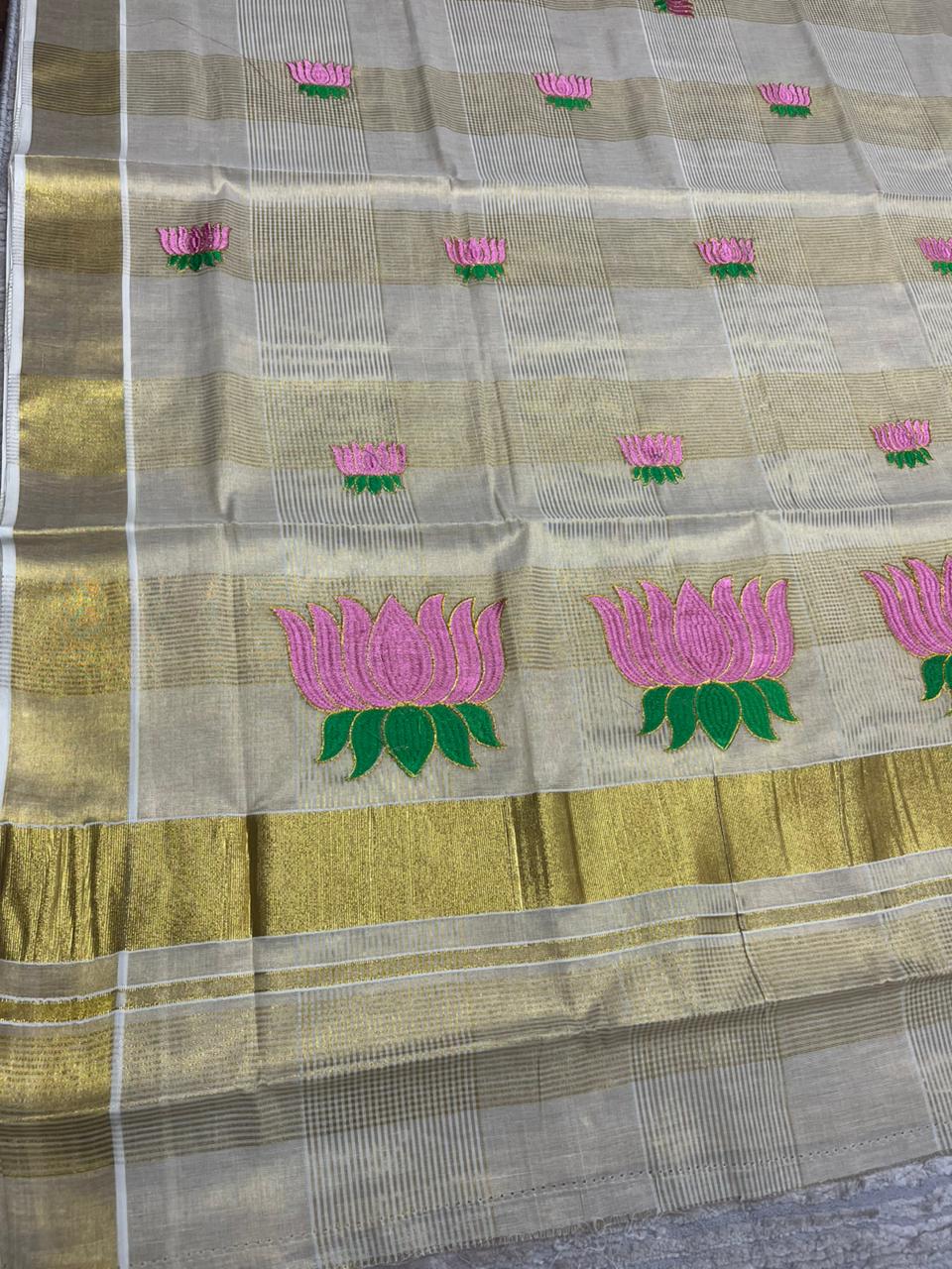 Southloom Lotus Baby Pink and Green Embroidery Check Tissue Saree SL337
