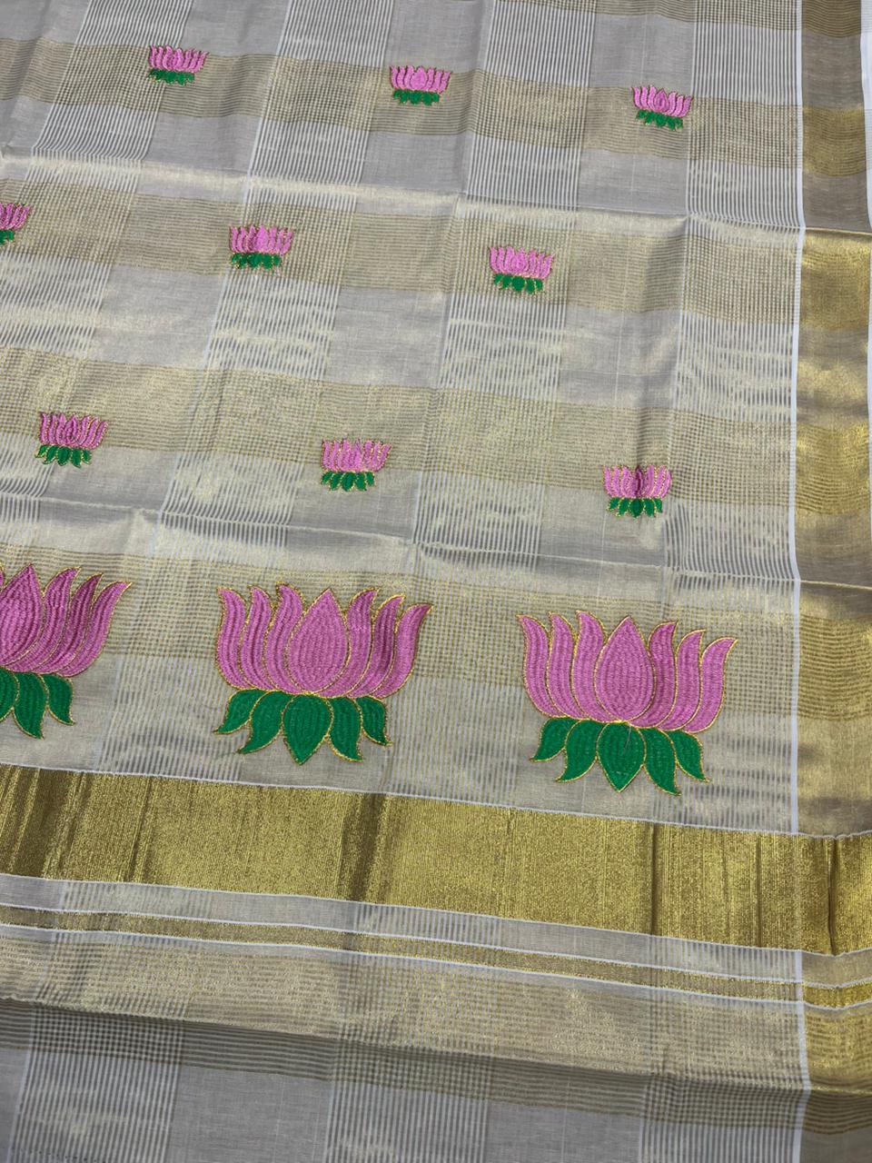 Southloom Lotus Baby Pink and Green Embroidery Check Tissue Saree SL337