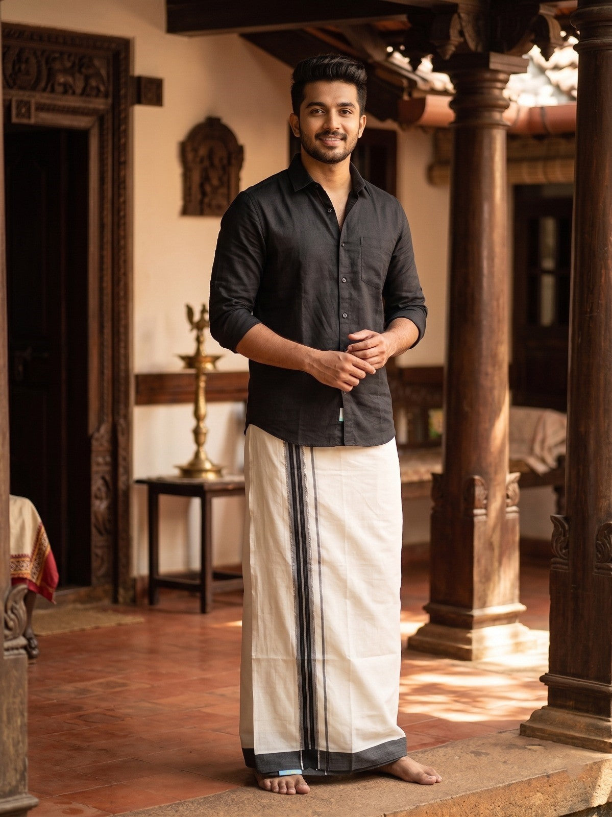 Southloom Kerala Pure Cotton Double Mundu with Silver Lines and Grey and Black Border with (South Indian Dhoti)