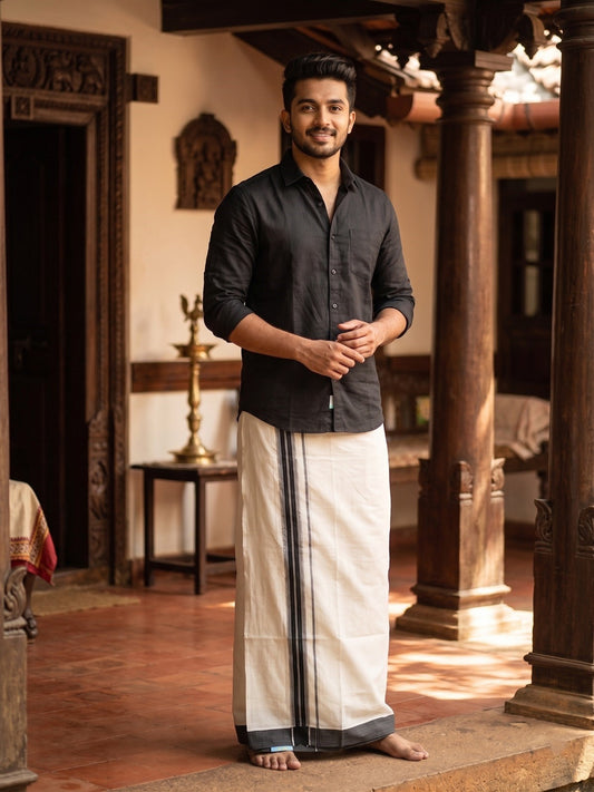 Southloom Kerala Pure Cotton Double Mundu with Silver Lines and Grey and Black Border with (South Indian Dhoti)