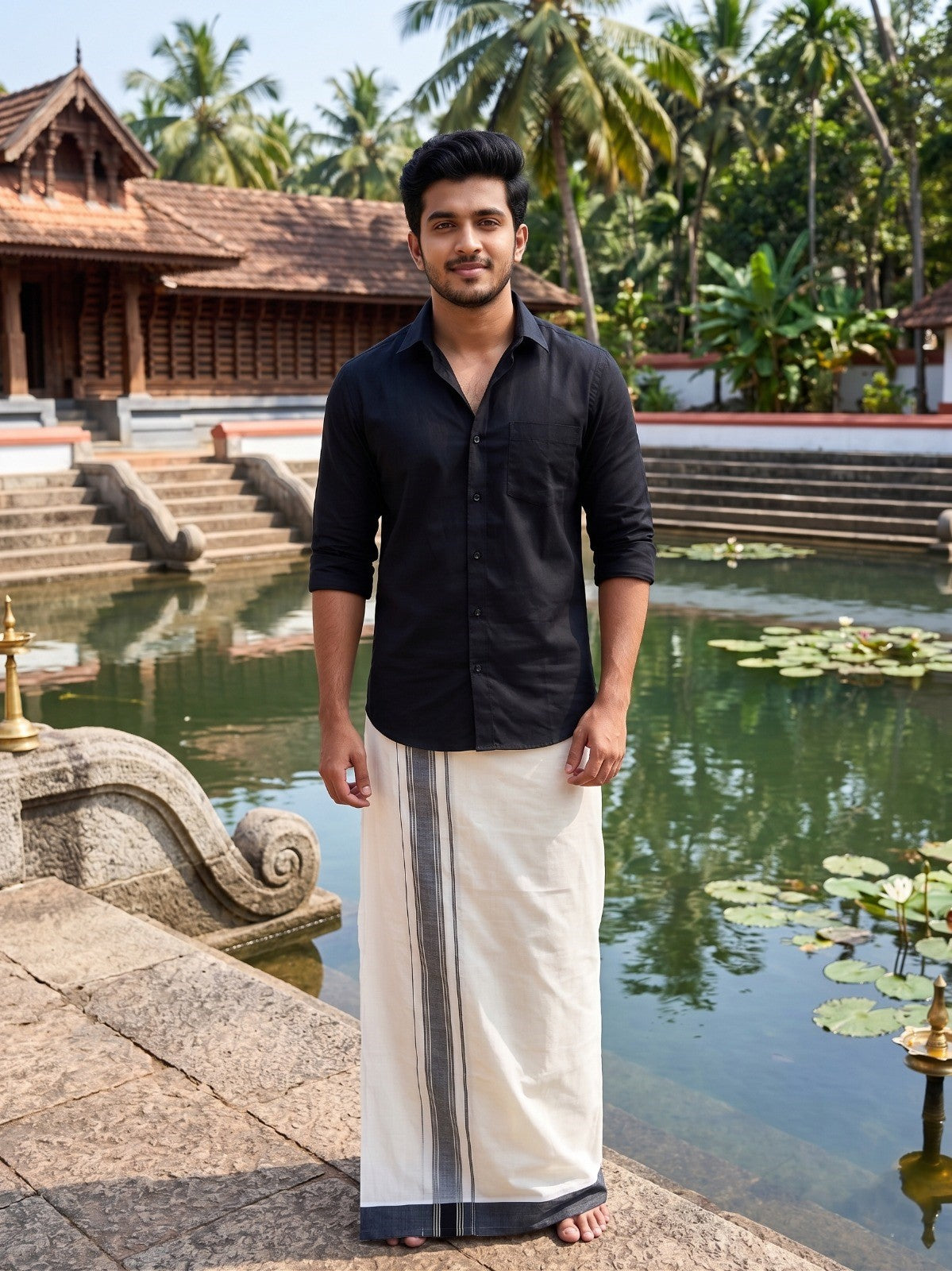 Southloom Kerala Pure Cotton Double Mundu with Silver Lines and Black Border with (South Indian Dhoti)
