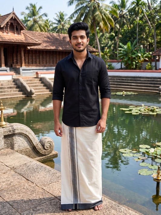 Southloom Kerala Pure Cotton Double Mundu with Silver Lines and Black Border with (South Indian Dhoti)