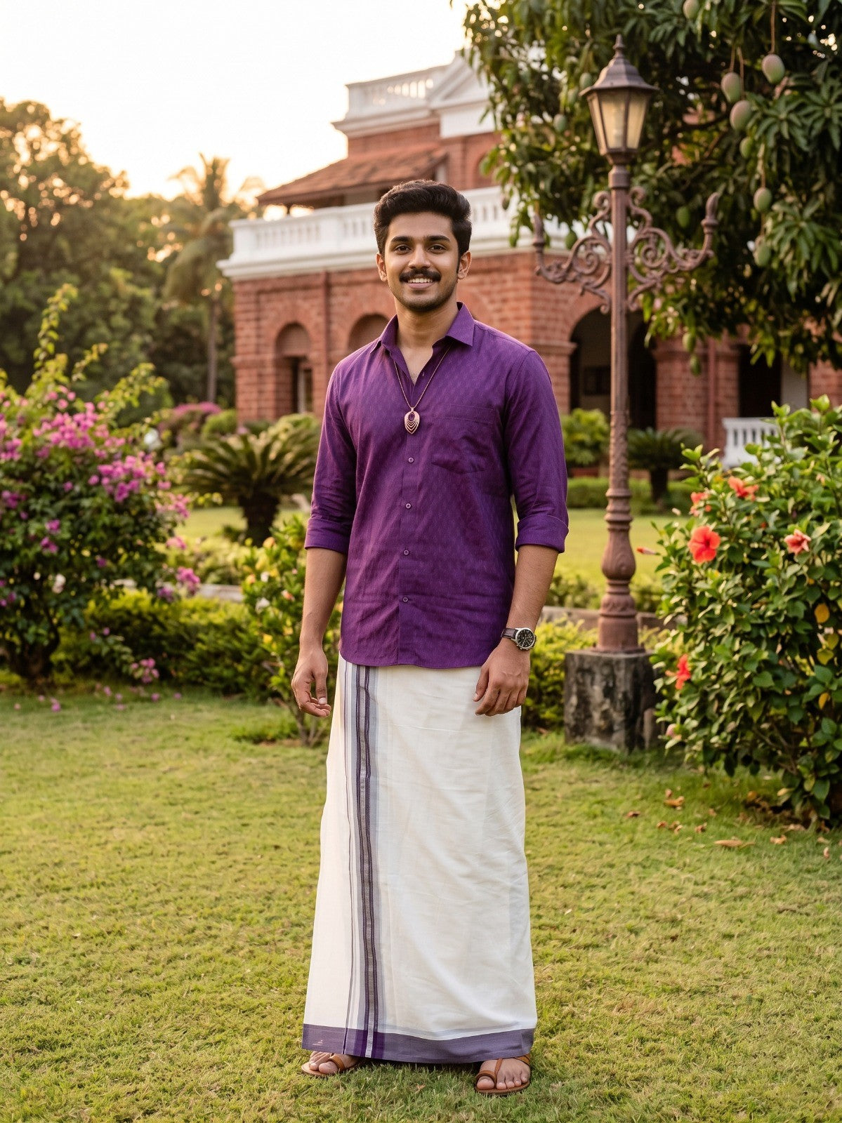 Southloom Kerala Pure Cotton Double Mundu with Silver Lines and Puple Border with (South Indian Dhoti)