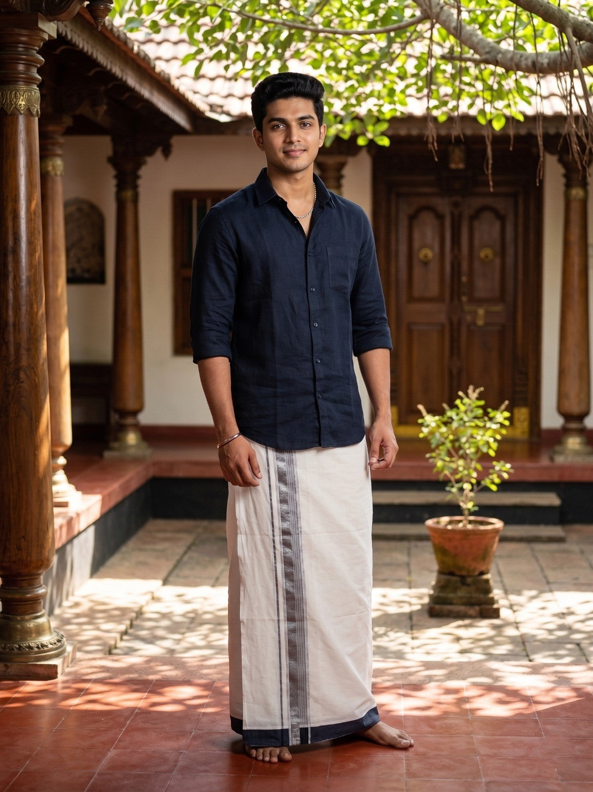 Southloom Kerala Pure Cotton Double Mundu with Silver Lines and Blue and Grey Border with (South Indian Dhoti)