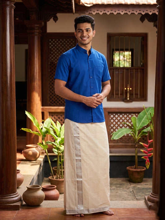 Southloom Kerala Pure Cotton Double Mundu with Silver Lines and Silver Border (South Indian Dhoti)