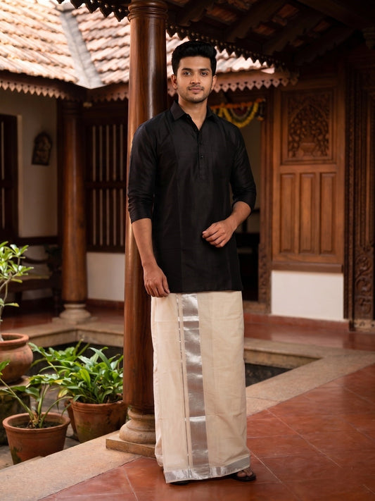 Southloom Kerala Pure Cotton Double Mundu with Silver Line Border (South Indian Dhoti)