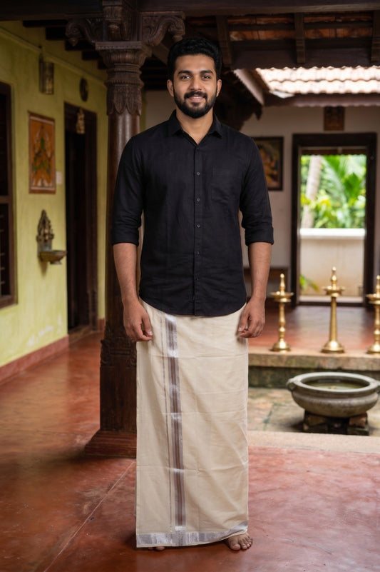 Pure Cotton Mundu with Silver Lines and Silver Border (South Indian Kerala Dhoti)
