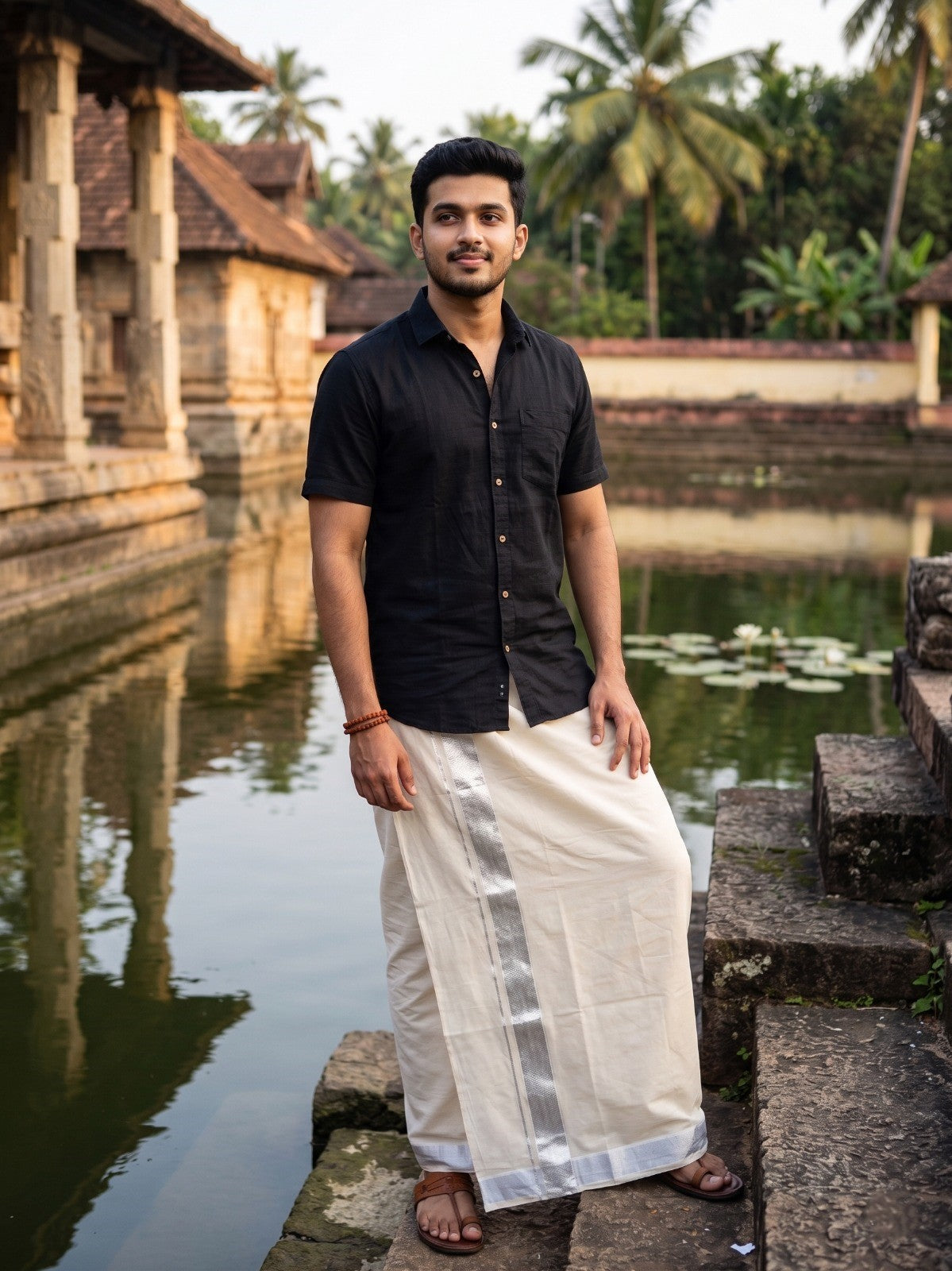 Southloom Kerala Pure Cotton Double Mundu with Silver Kara and Silver Border (South Indian Dhoti)