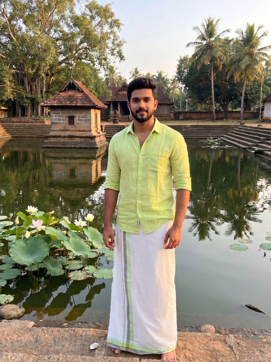 Southloom Kerala Pure Cotton Double Mundu with Silver Lines and Green and Grey Border with (South Indian Dhoti)
