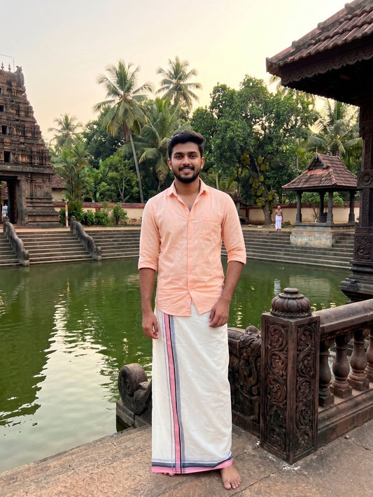 Southloom Kerala Pure Cotton Double Mundu with Peach and Blue Border with (South Indian Dhoti)