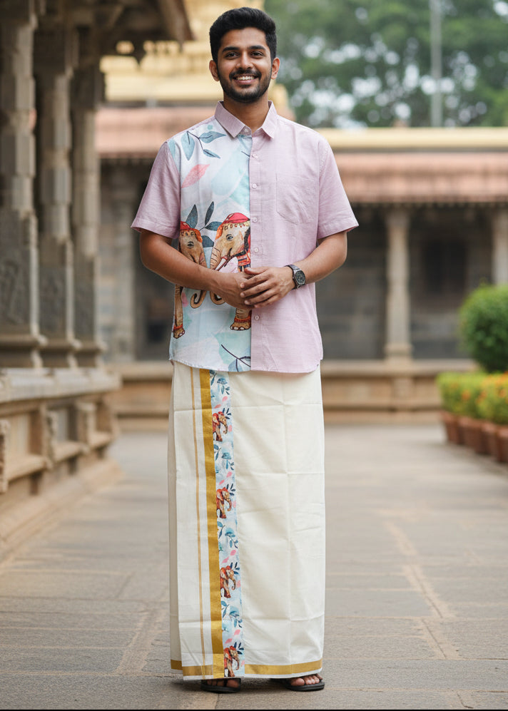 Cotton Silk Printed Men's Combo HS  (Shirt + Mund ) SL343