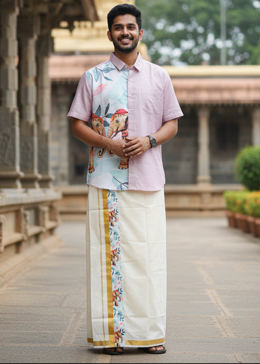 Cotton Silk Printed Men's Combo HS  (Shirt + Mund ) SL343