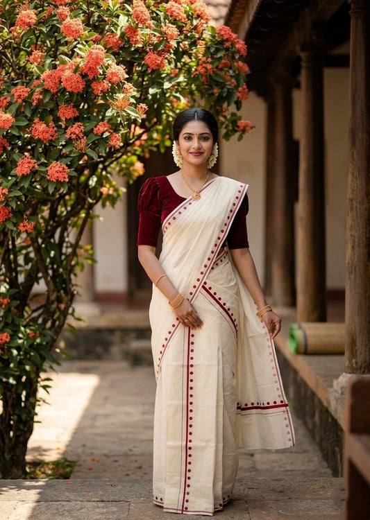 Southloom Pure Cotton Kerala Single Set Mundu (Mundum Neriyathum) with Polka Dots in Maroon 2.80 Mtrs SL358