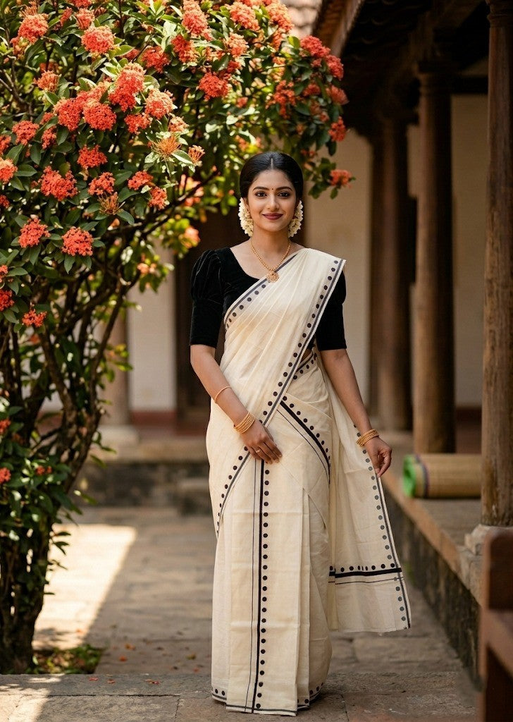 Southloom Pure Cotton Kerala Single Set Mundu (Mundum Neriyathum) with Polka Dots in Black 2.80 Mtrs SL358