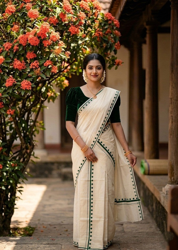 Southloom Pure Cotton Kerala Single Set Mundu (Mundum Neriyathum) with Polka Dots in Green 2.80 Mtrs SL358