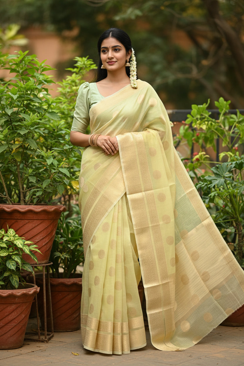 Southloom Tissue Silk Saree with Woven Work on Body and Borders Green