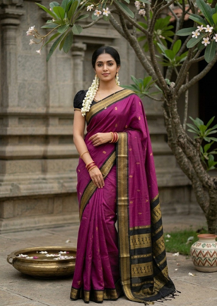 Southloom Kalyani Cotton Saree In Magenta And Black With Woven Work on the Body and Borders