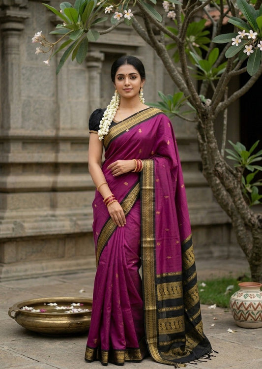 Southloom Kalyani Cotton Saree In Magenta And Black With Woven Work on the Body and Borders