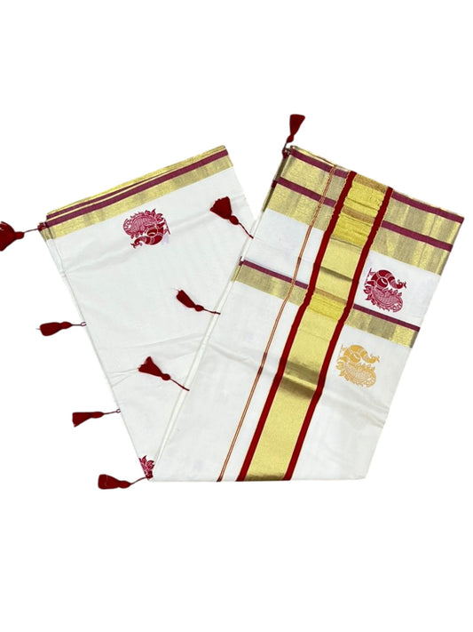 Southloom Pure Cotton Kerala Saree with Digital Print On The Body In Red With Gold Kasavu Border SL367