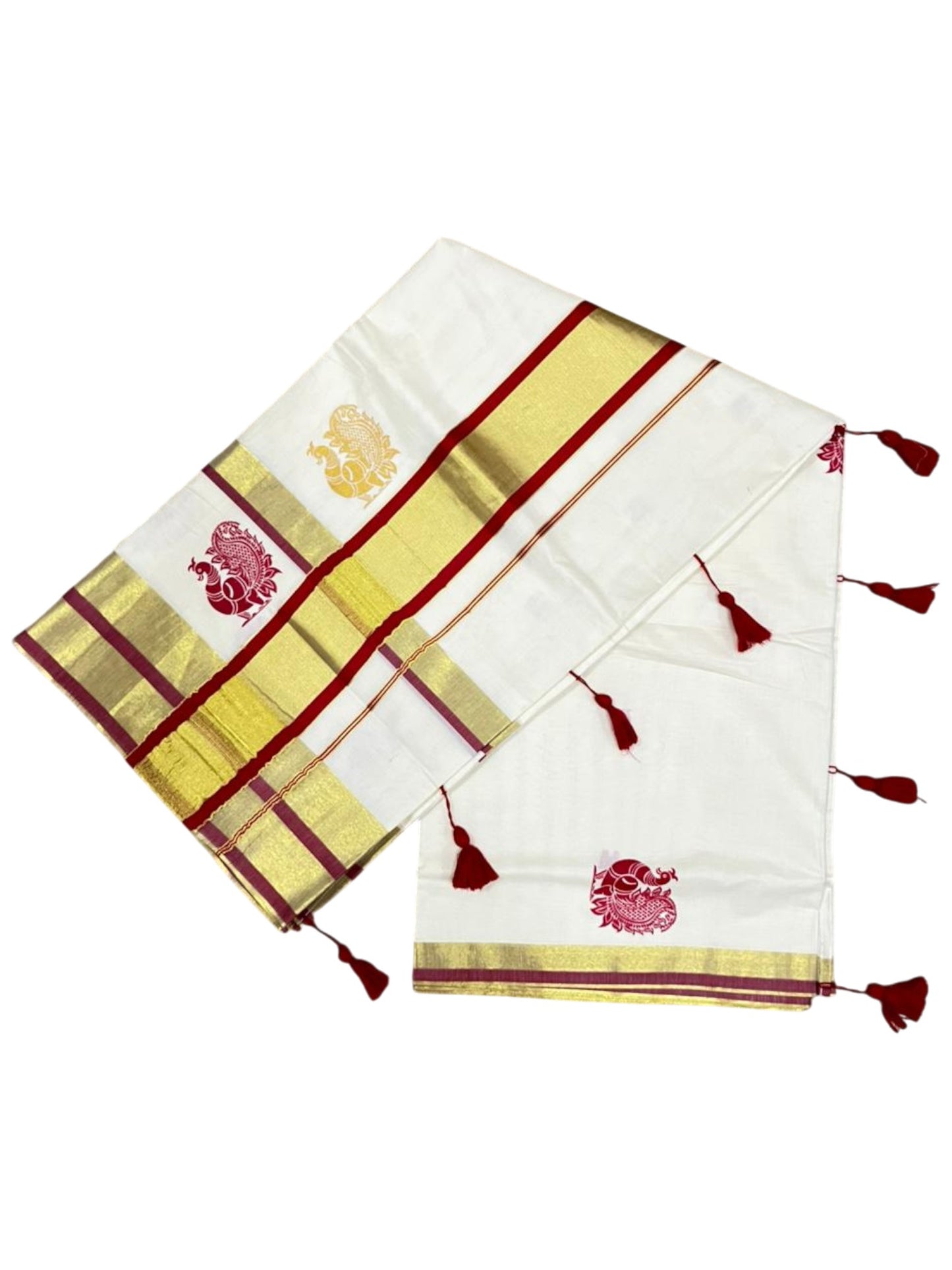 Southloom Pure Cotton Kerala Saree with Digital Print On The Body In Red With Gold Kasavu Border SL367