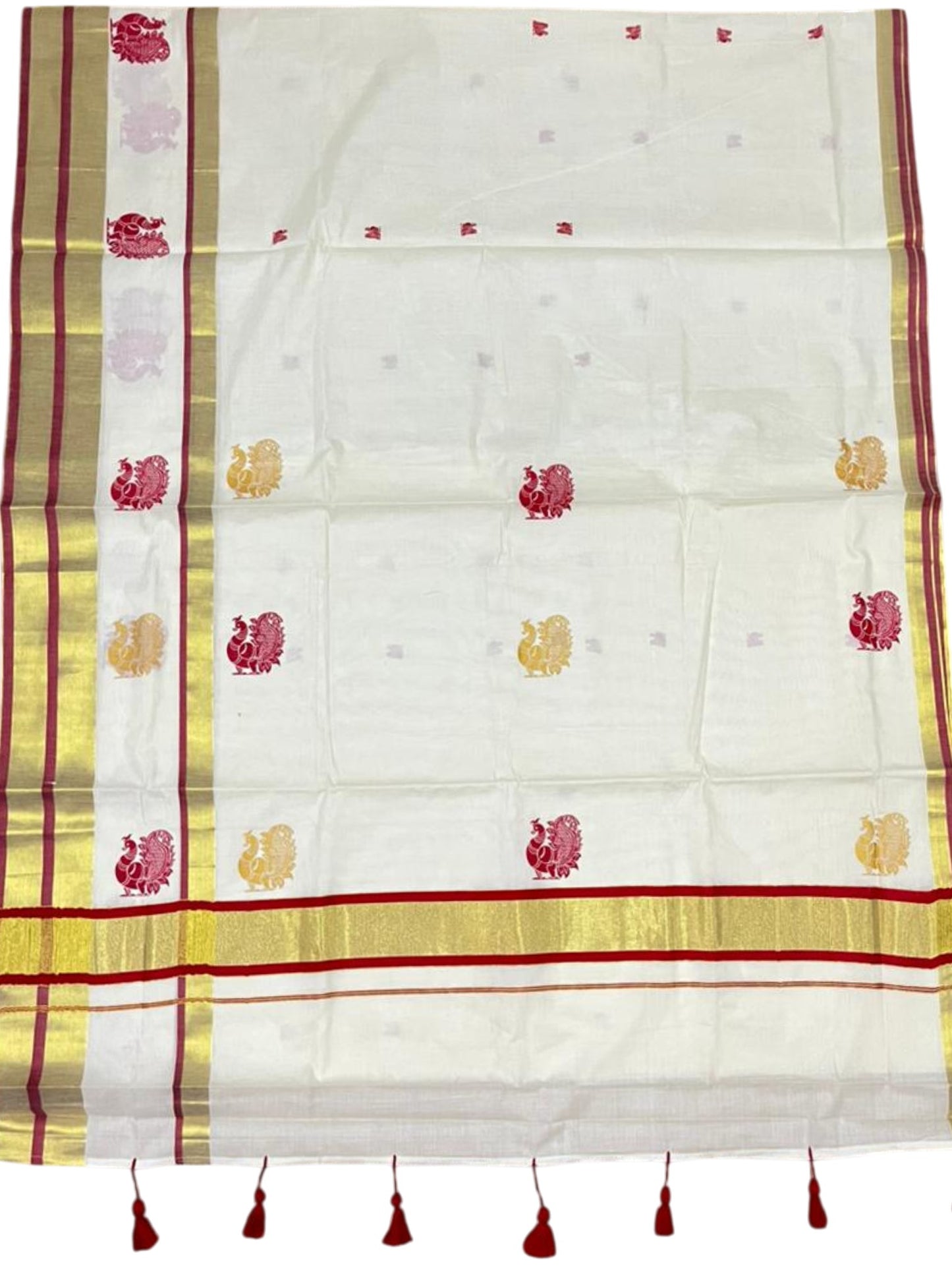 Southloom Pure Cotton Kerala Saree with Digital Print On The Body In Red With Gold Kasavu Border SL367