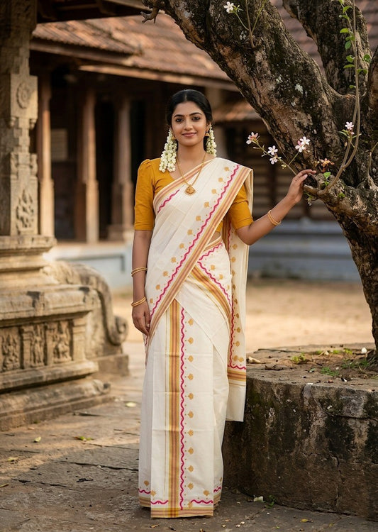 Southloom Kerala Mulloth Cotton Single Mundum Neriyathum with Digital Prints in Pink 2.75 Mtrs SL372