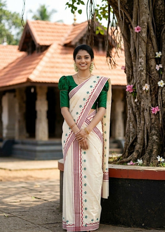Southloom Kerala Mulloth Cotton Single Mundum Neriyathum with Digital Prints in Green 2.75 Mtrs SL372