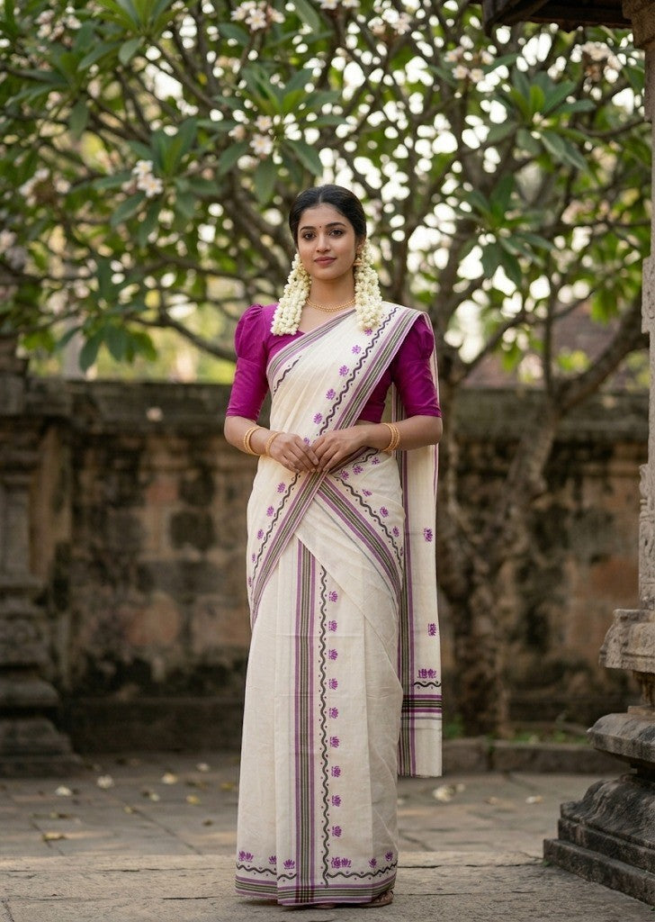 Southloom Pure Cotton Kerala Single Mulloth Set Mundu With Lotus Digital Print in Purple (Mundum Neriyathum) in 2.75 Mtrs SL371