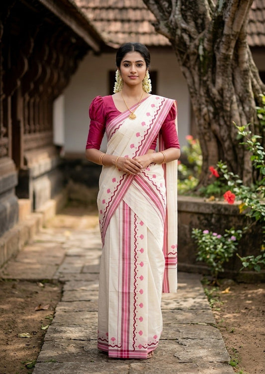 Southloom Kerala Mulloth Cotton Single Mundum Neriyathum with Digital Prints in Pink 2.75 Mtrs SL372
