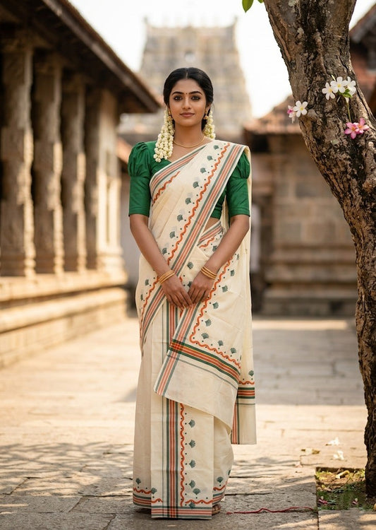 Southloom Kerala Mulloth Cotton Single Mundum Neriyathum with Digital Prints in Green 2.75 Mtrs SL372