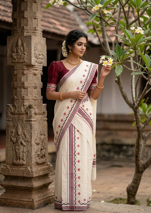 Southloom Kerala Mulloth Cotton Single Mundum Neriyathum with Digital Prints in Maroon 2.75 Mtrs SL372