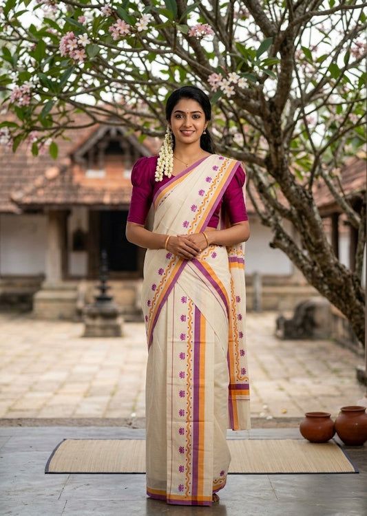 Southloom Pure Cotton Kerala Single Mulloth Set Mundu With Lotus Digital Print in Magenta (Mundum Neriyathum) in 2.75 Mtrs SL371