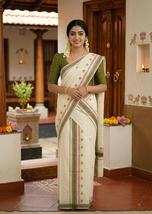 Southloom Pure Cotton Kerala Single Mulloth Set Mundu With Lotus Digital Print in Olive Green (Mundum Neriyathum) in 2.75 Mtrs SL371