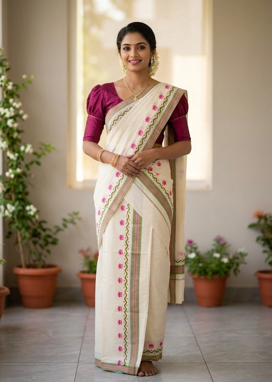 Southloom Pure Cotton Kerala Single Mulloth Set Mundu With Lotus Digital Print in Pink (Mundum Neriyathum) in 2.75 Mtrs SL371