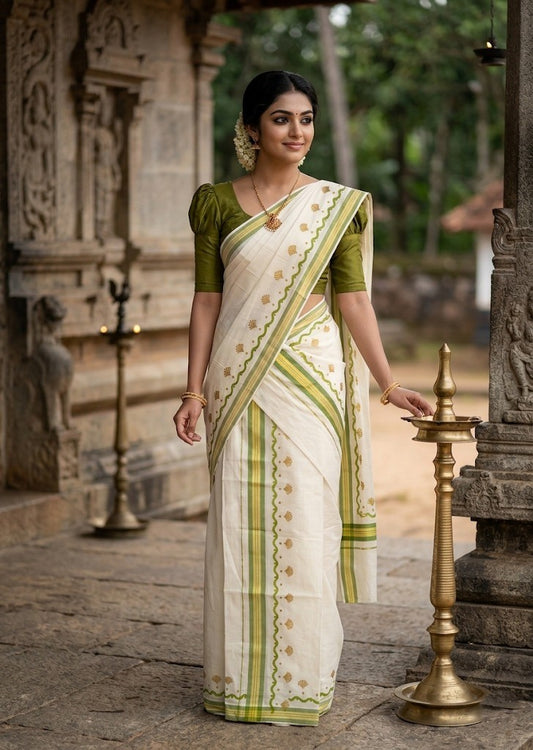 Southloom Kerala Mulloth Cotton Single Mundum Neriyathum with Digital Prints in Olive Green 2.75 Mtrs SL372