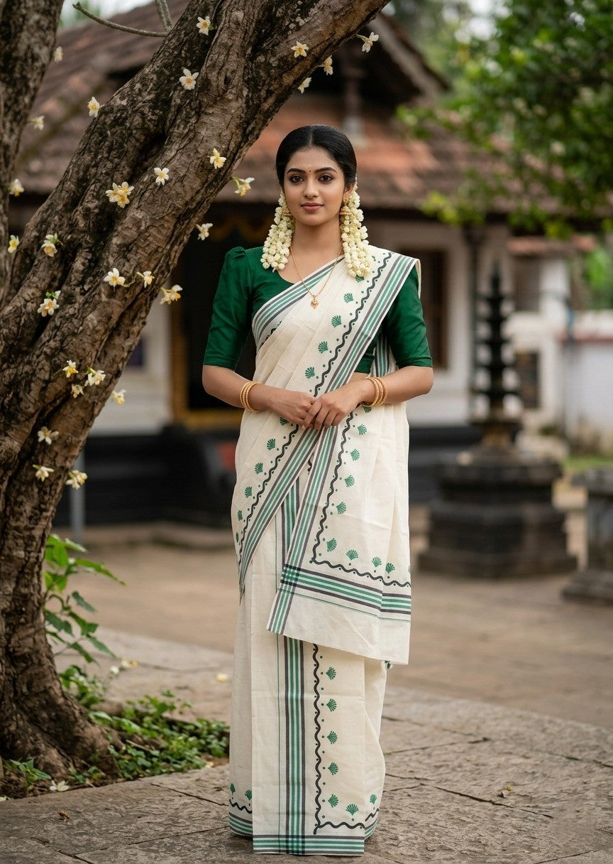 Southloom Kerala Mulloth Cotton Single Mundum Neriyathum with Digital Prints in Green 2.75 Mtrs SL372