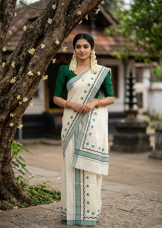 Southloom Kerala Mulloth Cotton Single Mundum Neriyathum with Digital Prints in Green 2.75 Mtrs SL372