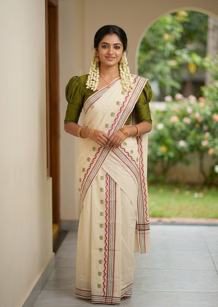 Southloom Pure Cotton Kerala Single Mulloth Set Mundu With Lotus Digital Print in Green (Mundum Neriyathum) in 2.75 Mtrs SL371
