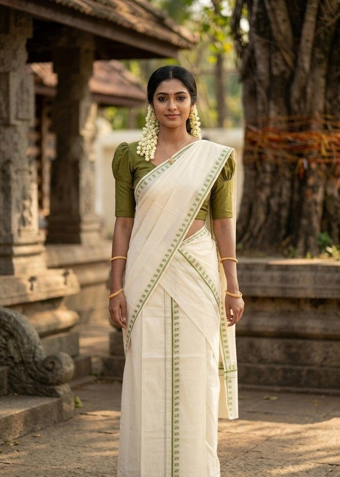 Southloom Pure Cotton Kerala Single Set Mundu (Mundum Neriyathum) with Digital Prints in Olive Green 2.80 Mtrs SL359