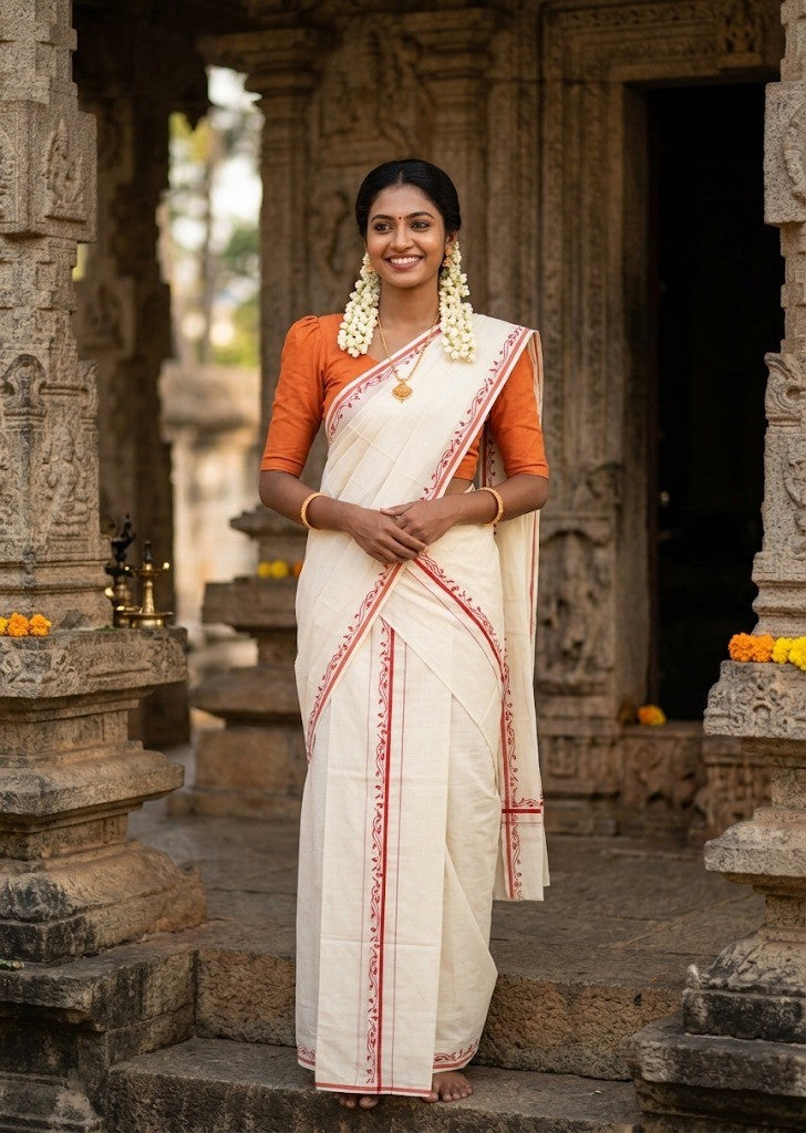 Southloom Pure Cotton Kerala Single Set Mundu (Mundum Neriyathum) with Digital Prints in Orange 2.80 Mtrs SL359