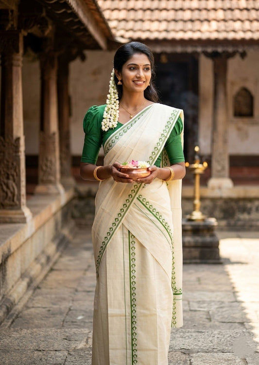 Southloom Pure Cotton Kerala Single Set Mundu (Mundum Neriyathum) with Digital Prints in Olive Green 2.80 Mtrs SL359