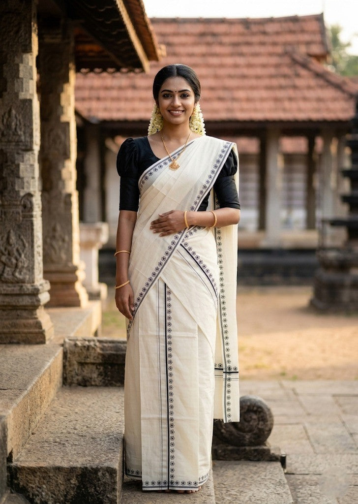 Southloom Pure Cotton Kerala Single Set Mundu (Mundum Neriyathum) with Digital Prints in Black 2.80 Mtrs SL359