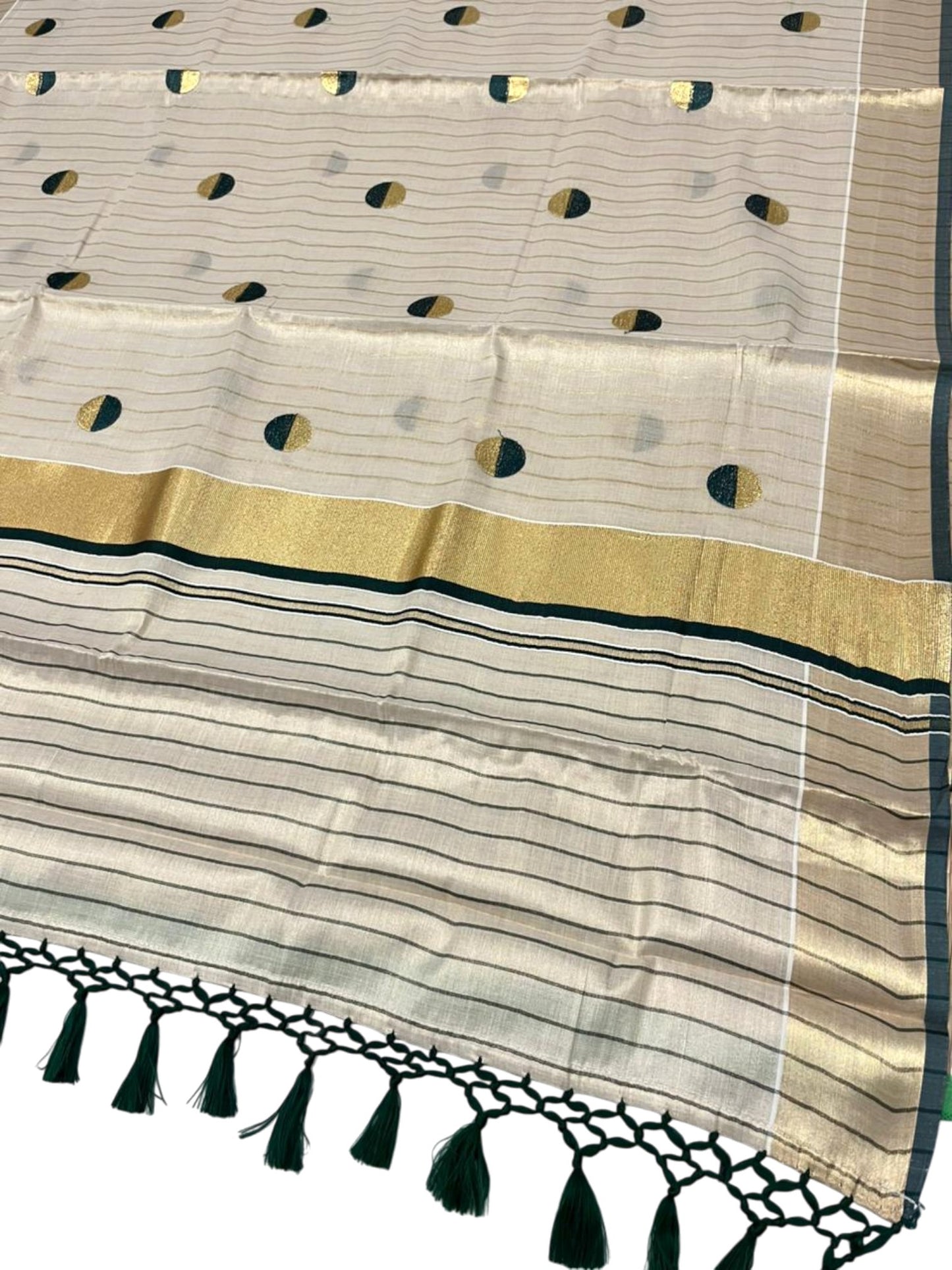 Southloom Kerala Tissue Kasavu Saree with Polka Embroidery Works on Body in Green