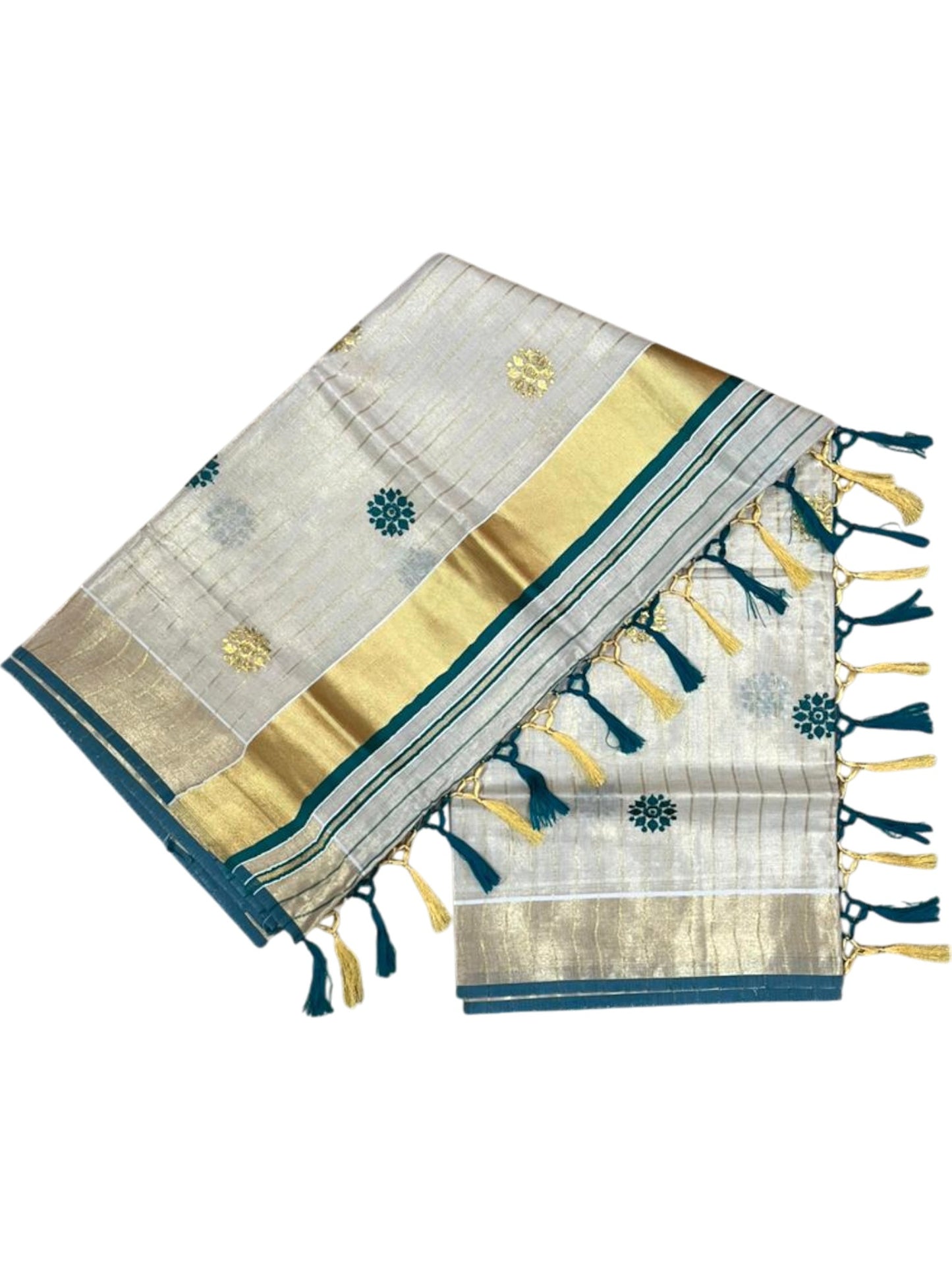 Kerala Tissue Lines Saree With Floral Embroidery Work on The Body SL312