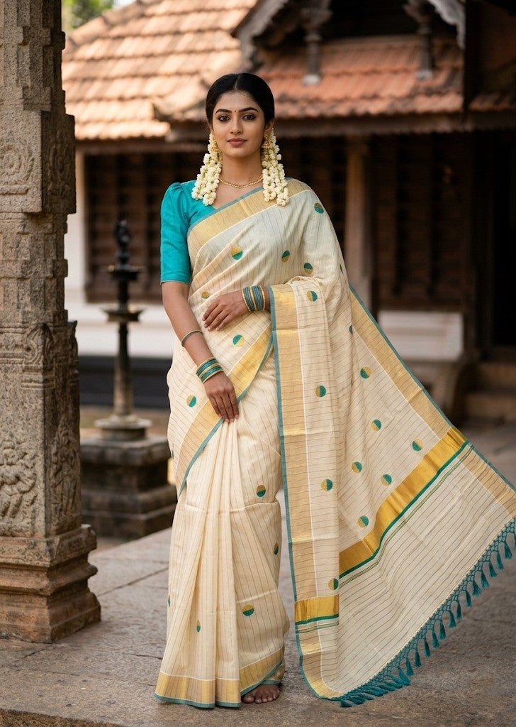 Southloom Kerala Tissue Kasavu Saree with Polka Embroidery Works on Body in Turquoise