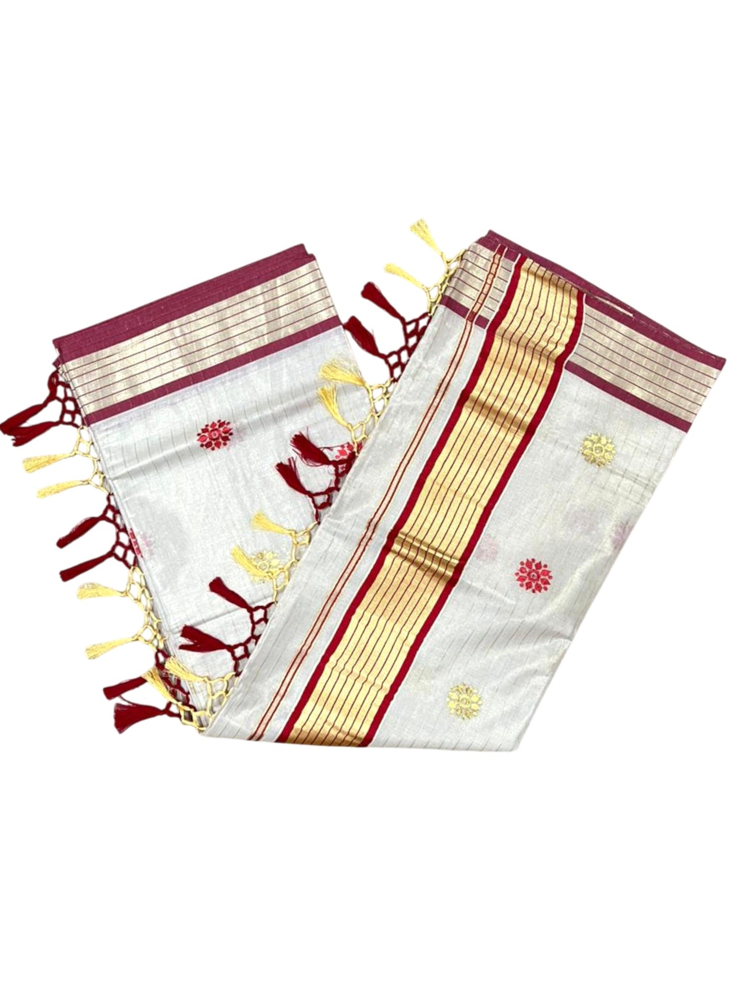 Kerala Tissue Lines Saree With Floral Embroidery Work on The Body SL312