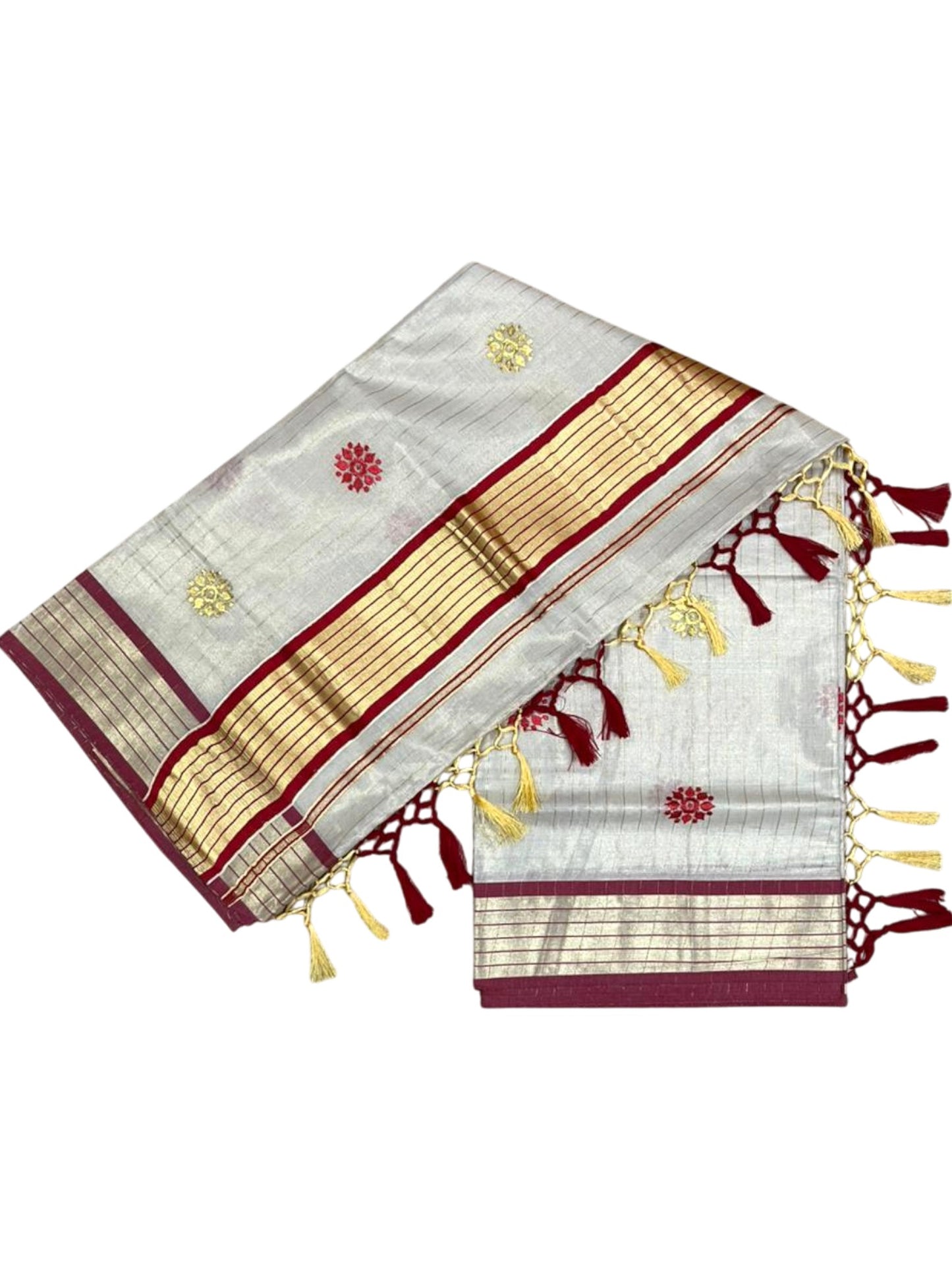 Kerala Tissue Lines Saree With Floral Embroidery Work on The Body SL312