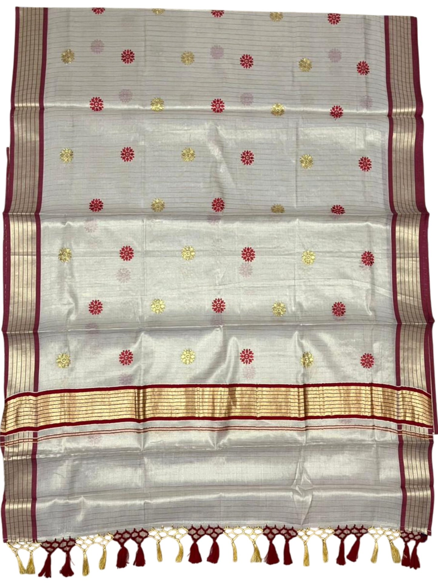 Kerala Tissue Lines Saree With Floral Embroidery Work on The Body SL312