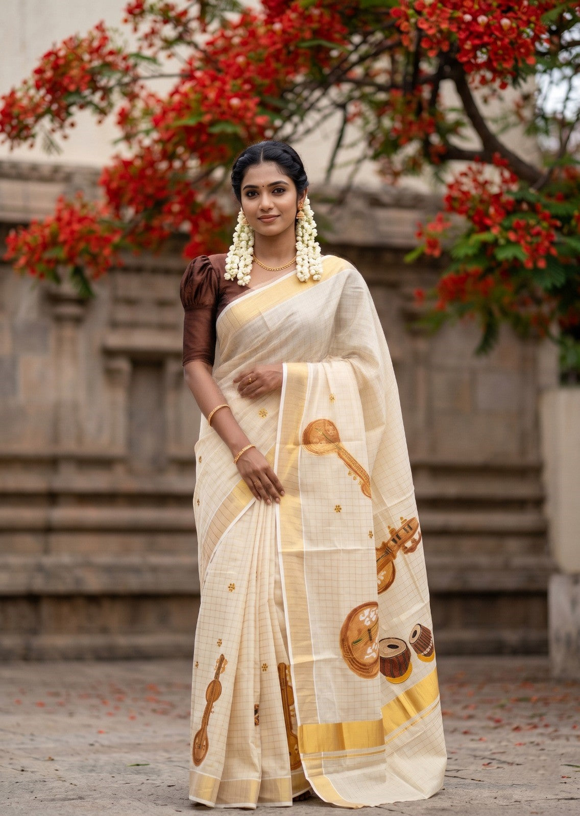 Southloom Kerala Tissue Veena Embroidery Saree